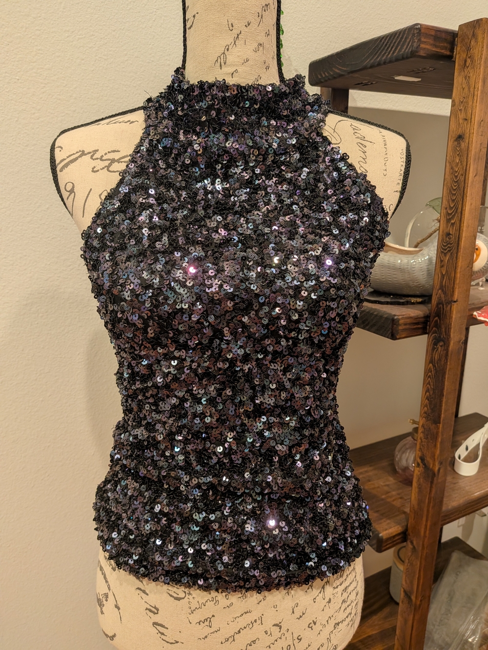 Free People Strapless Sequin Halter Top - Black Iridescent